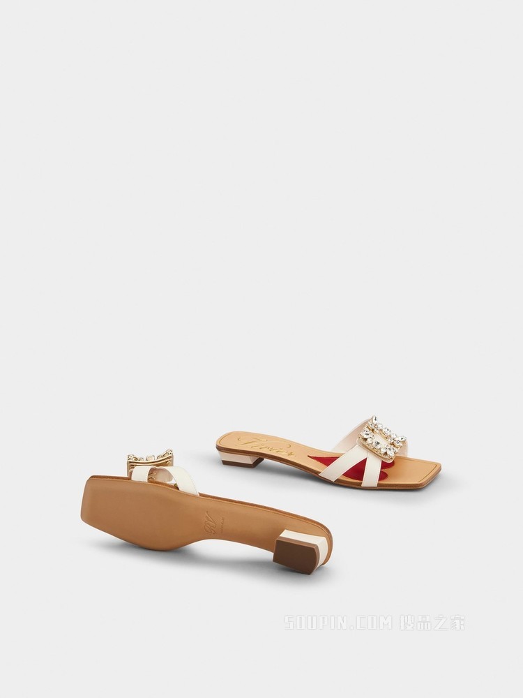 Mini Broche Vivier 钻扣皮革穆勒鞋 奶油色