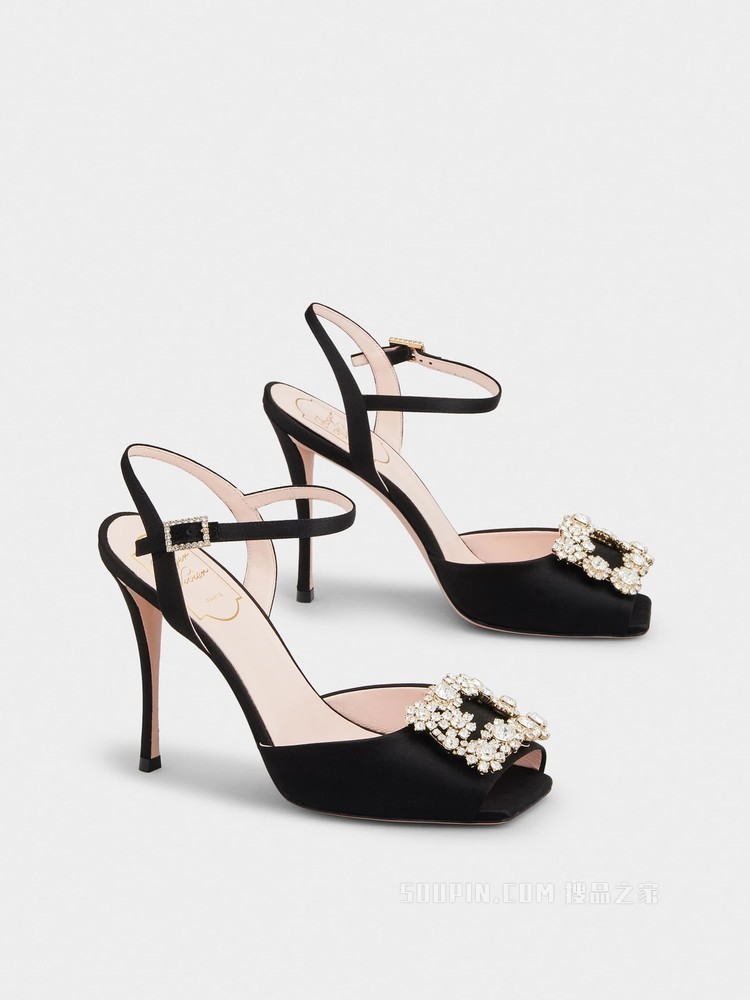 Flower Strass Buckle Sandals in Satin 黑色
