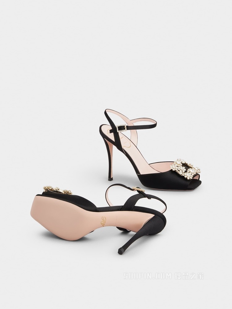 Flower Strass Buckle Sandals in Satin 黑色