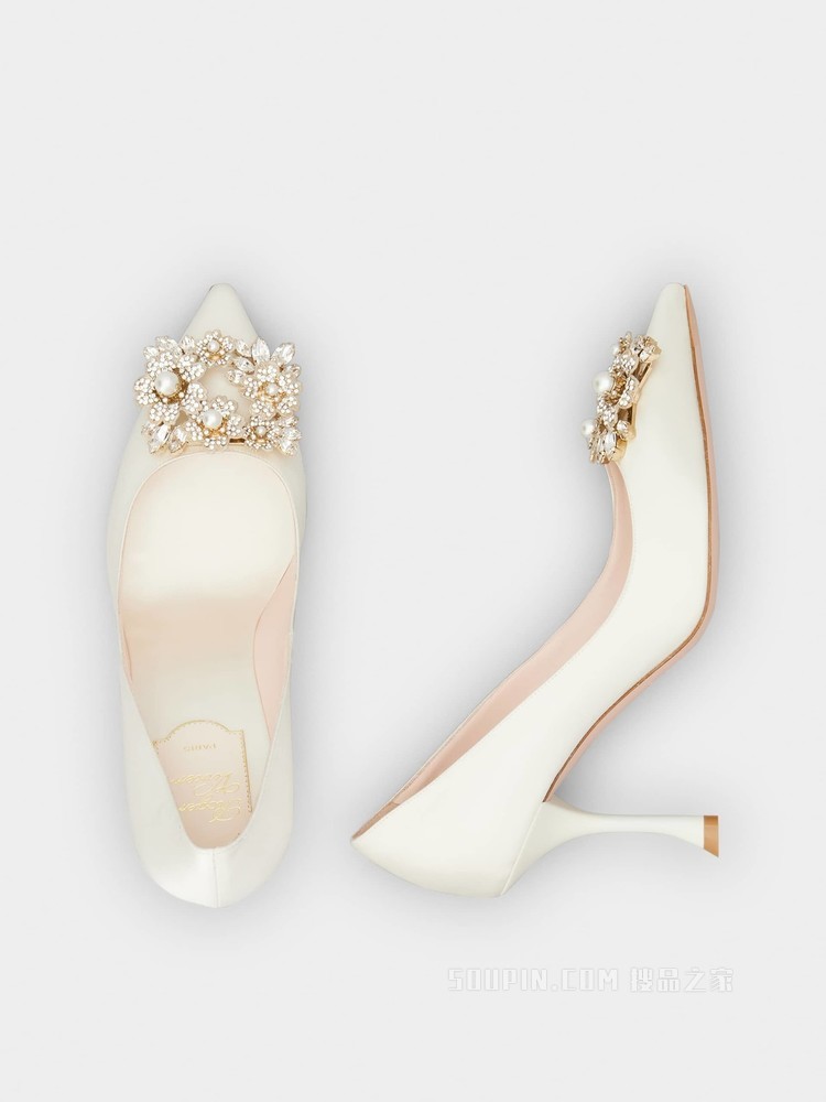 RV Bouquet 珍珠钻扣丝缎高跟鞋 白色