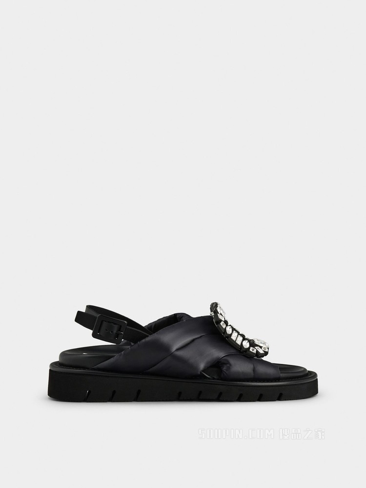 Roger Vivier】Viv' Winter Puffy 钻扣织物凉鞋黑色