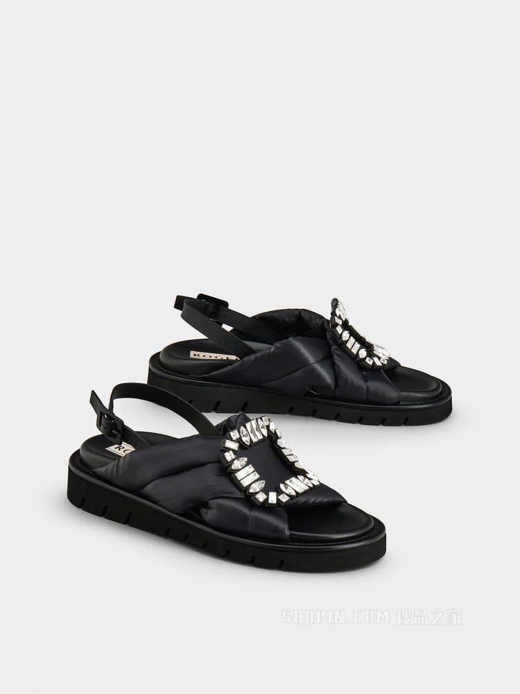 Viv' Winter Puffy 钻扣织物凉鞋 黑色