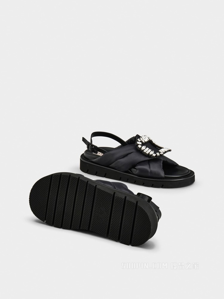 Viv' Winter Puffy 钻扣织物凉鞋 黑色