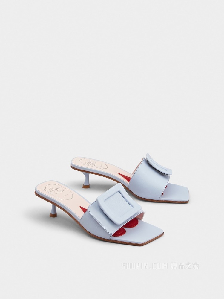 Covered Buckle Mules in Patent Leather 浅蓝色