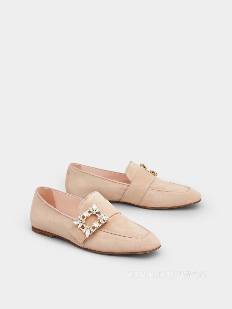Mini Broche Vivier 钻扣绒面皮革穆勒鞋 粉色
