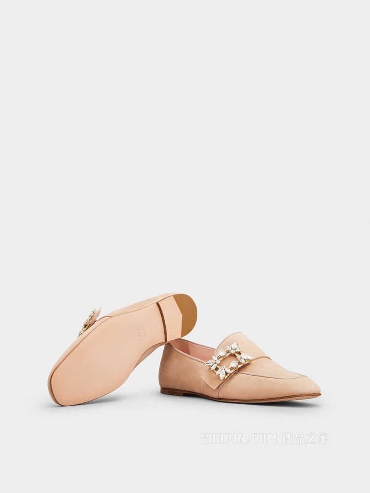 Mini Broche Vivier 钻扣绒面皮革穆勒鞋 粉色