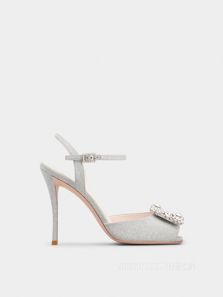 Flower Strass 钻扣织物凉鞋 银色