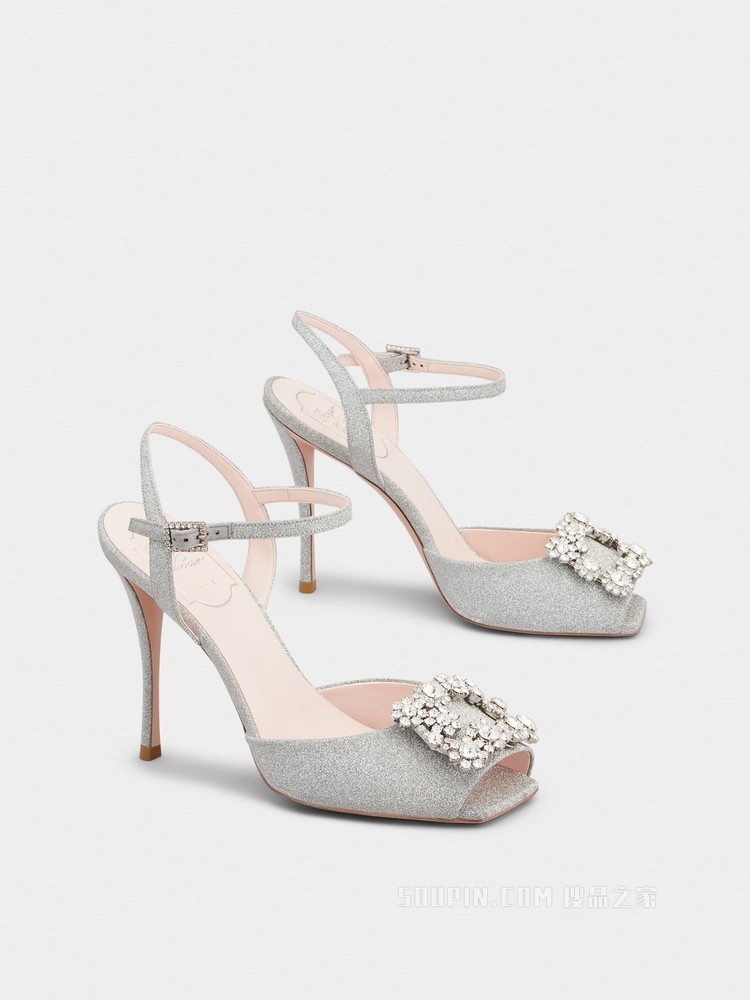 Flower Strass 钻扣织物凉鞋 银色