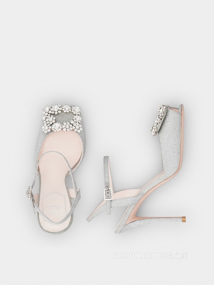 Flower Strass 钻扣织物凉鞋 银色