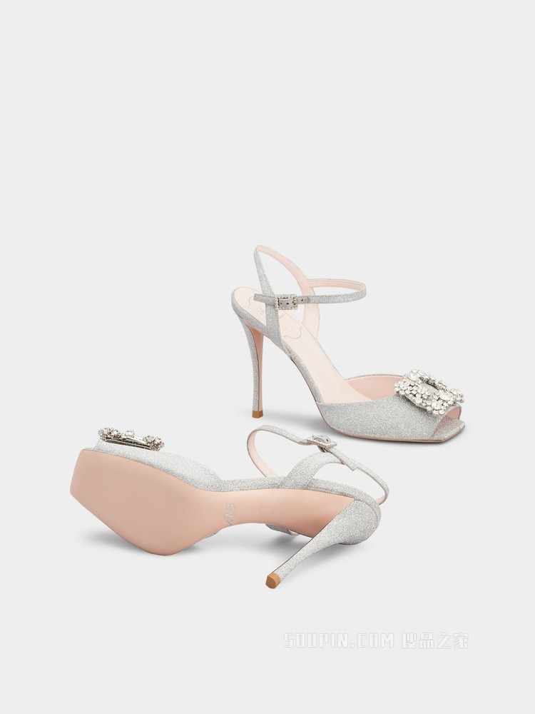 Flower Strass 钻扣织物凉鞋 银色