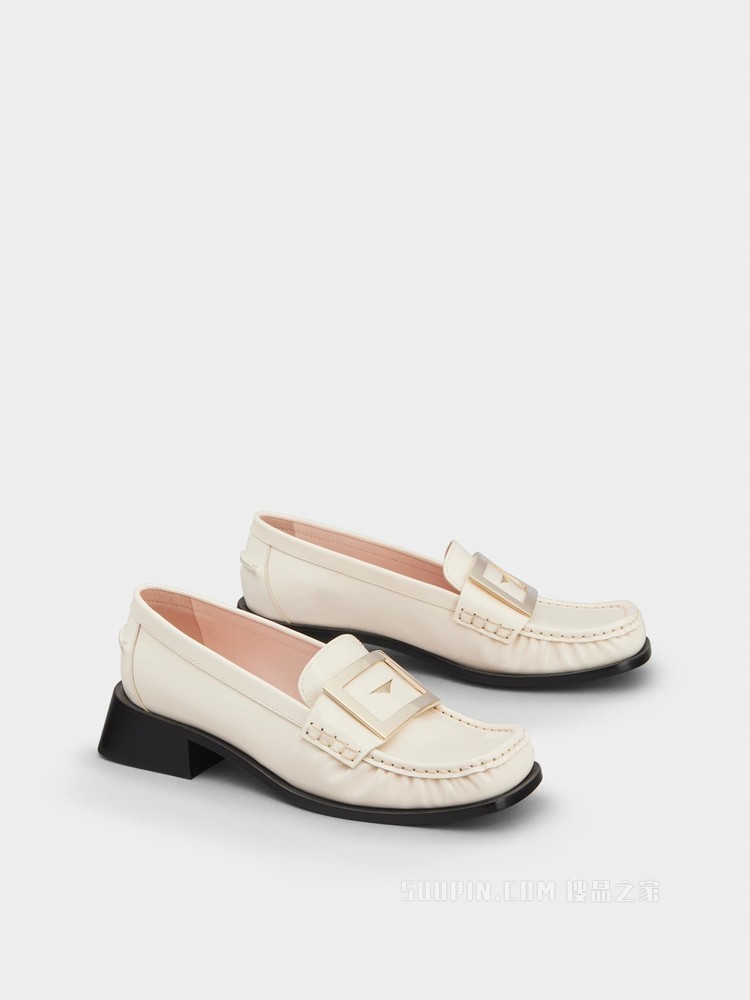Preppy Viv' 金属扣漆皮乐福鞋 奶油色