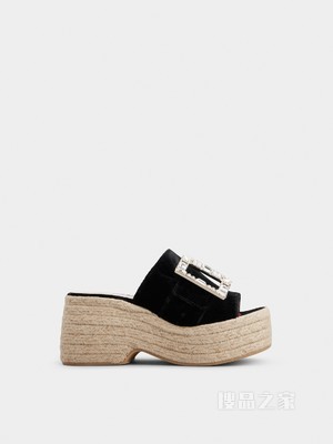 Strass Buckle Espadrille Platform Mules in Velvet 黑色