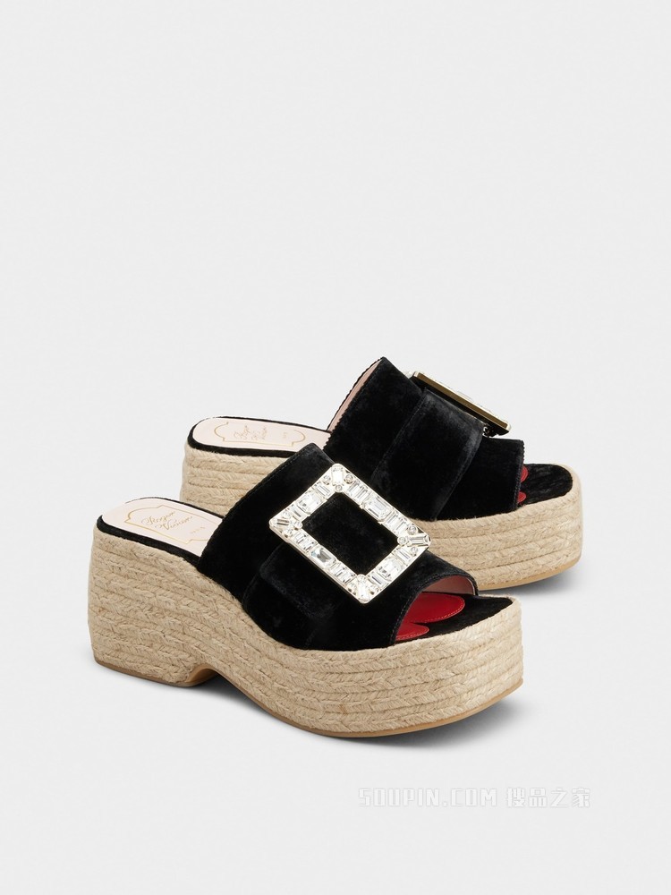 Strass Buckle Espadrille Platform Mules in Velvet 黑色