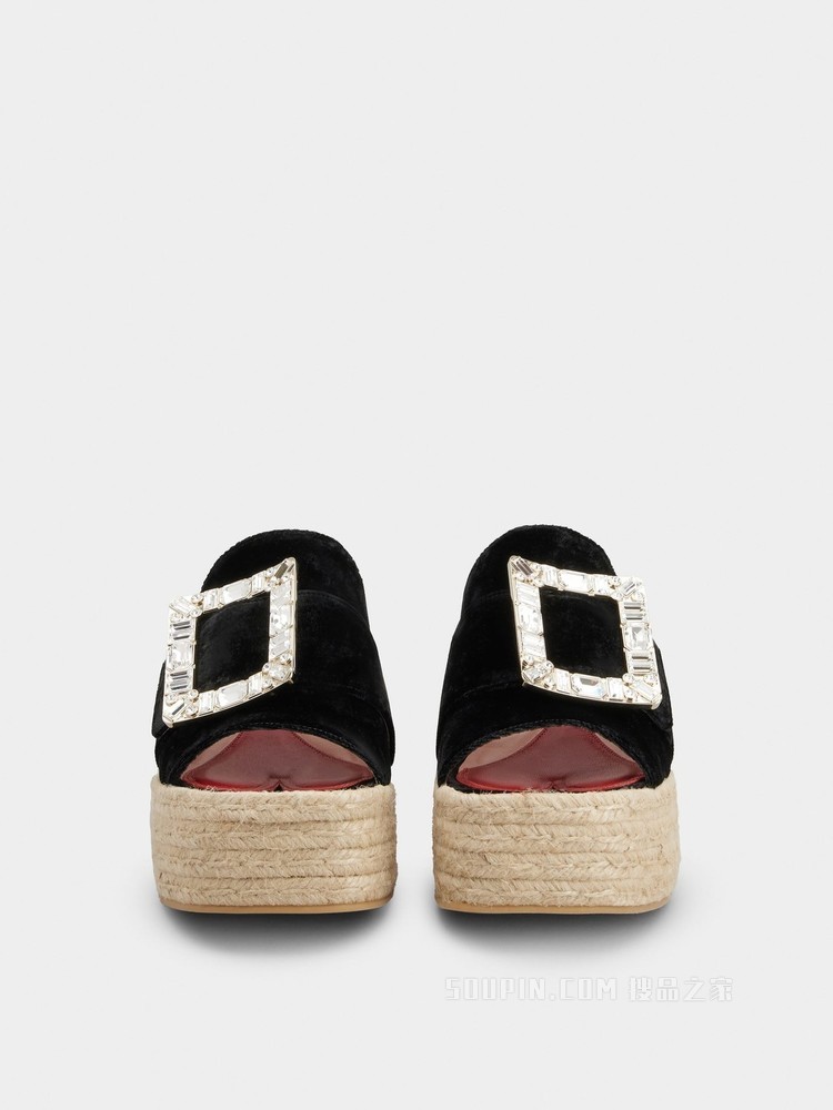 Strass Buckle Espadrille Platform Mules in Velvet 黑色
