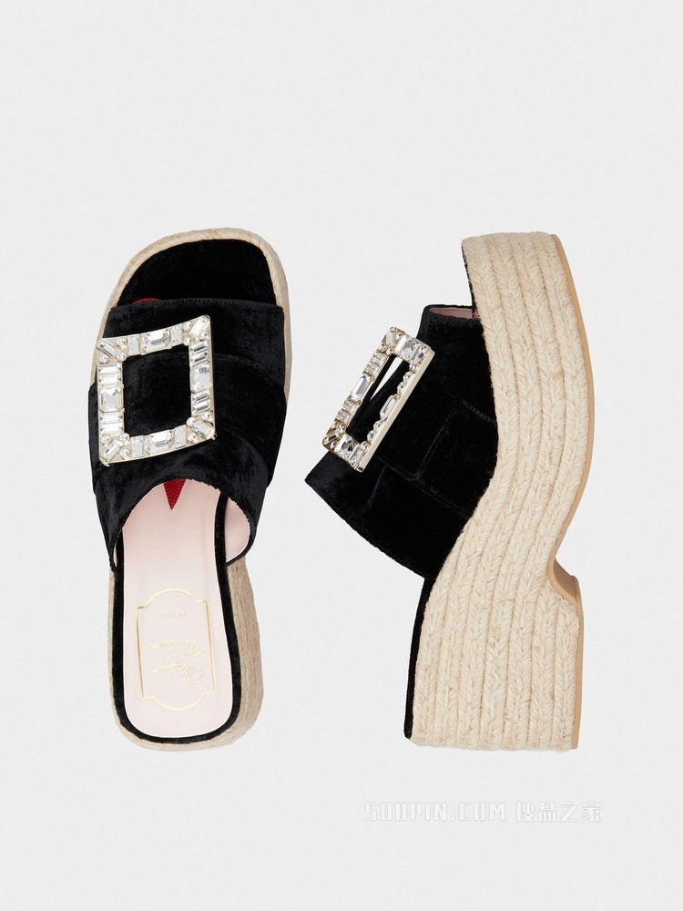 Strass Buckle Espadrille Platform Mules in Velvet 黑色