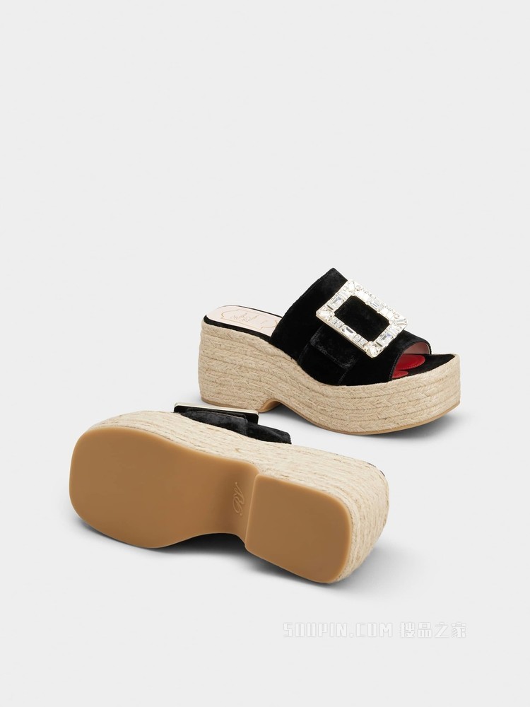 Strass Buckle Espadrille Platform Mules in Velvet 黑色