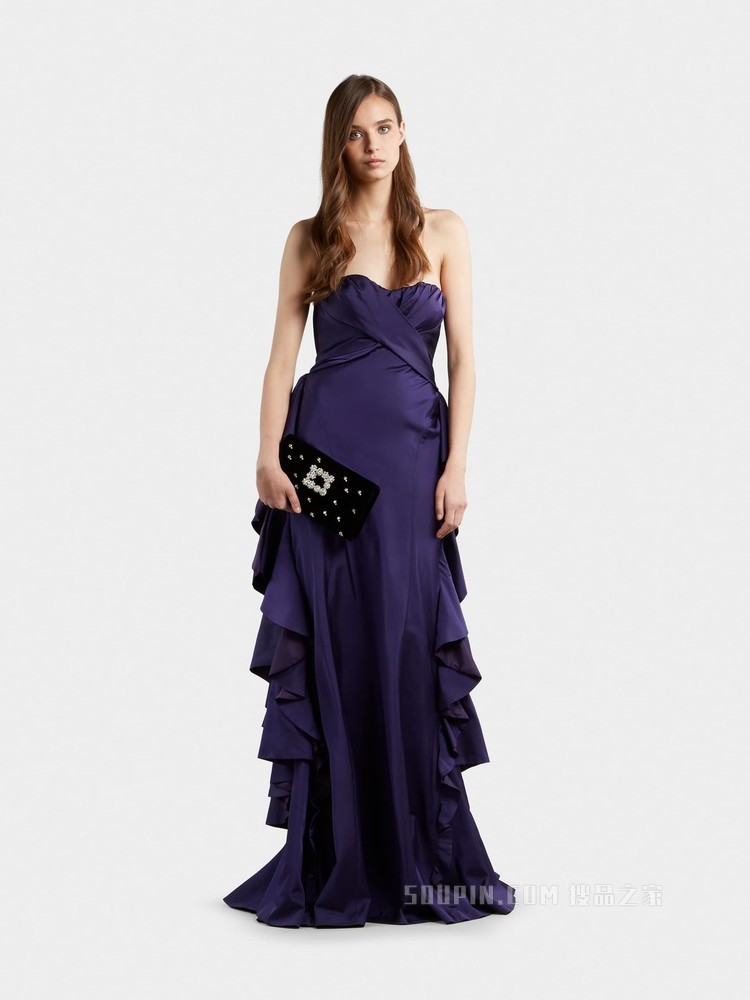 Flower Strass 钻扣天鹅绒手拿包 黑色