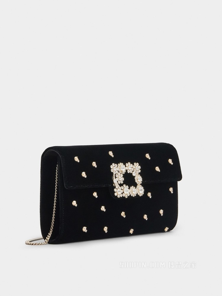Flower Strass 钻扣天鹅绒手拿包 黑色