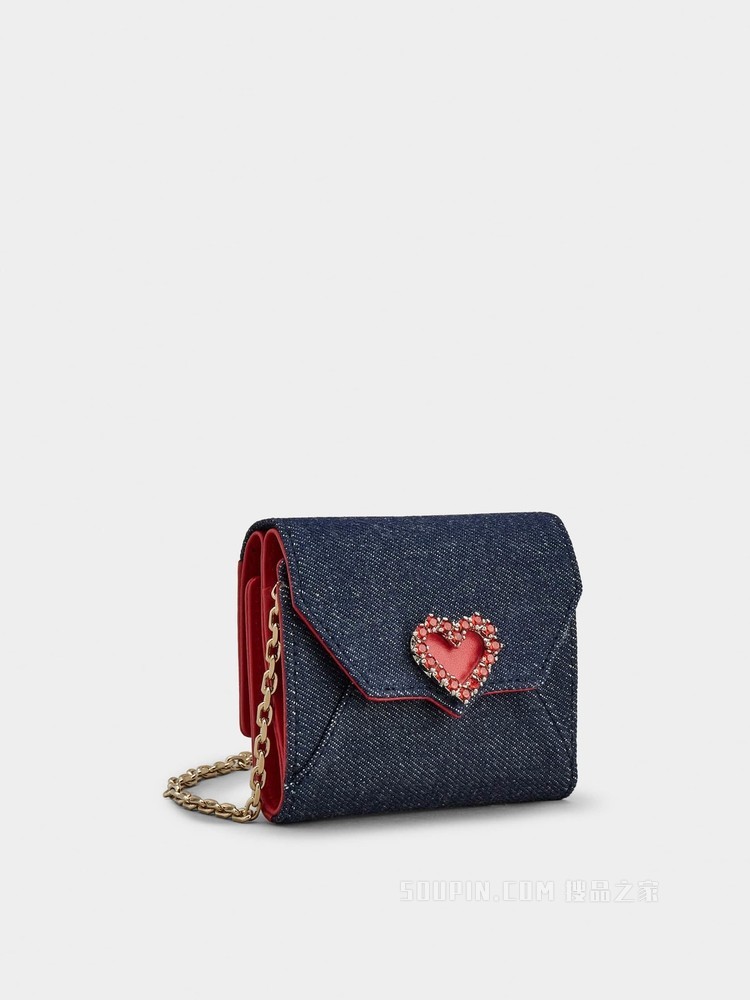 Heart Strass闪钻爱心迷你牛仔布钱包 蓝色