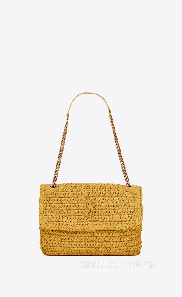 NIKI中号仿拉菲草和皮革手袋