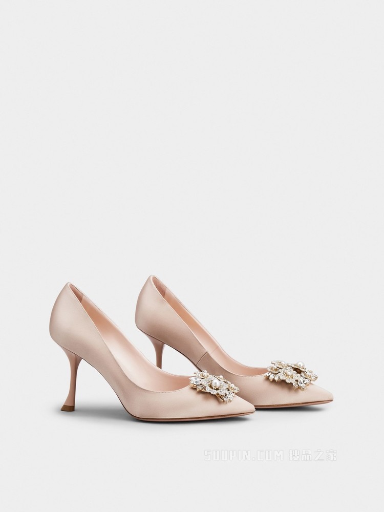RV Bouquet Strass Pearl Buckle Pumps in Satin 粉色