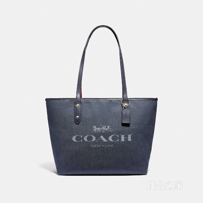 COACH印花CITY拉链托特包 金色硬件/单宁蓝