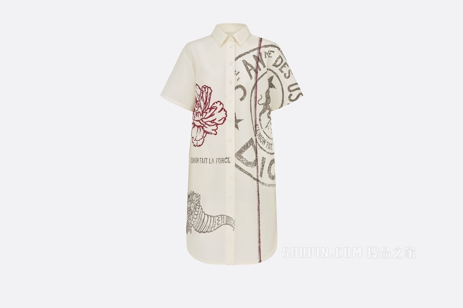 长款衬衫 米白色棉质和桑蚕丝混纺府绸 Dior Union 图案