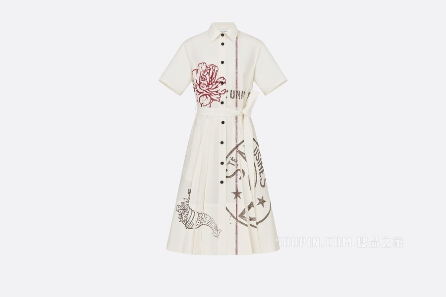 衬衫式连衣裙 米白色棉质和桑蚕丝混纺府绸 Dior Union 图案搭配腰带
