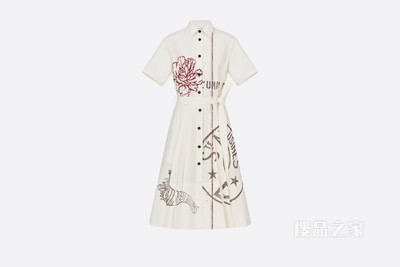 衬衫式连衣裙 米白色棉质和桑蚕丝混纺府绸 Dior Union 图案搭配腰带