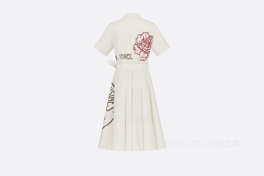 衬衫式连衣裙 米白色棉质和桑蚕丝混纺府绸 Dior Union 图案搭配腰带
