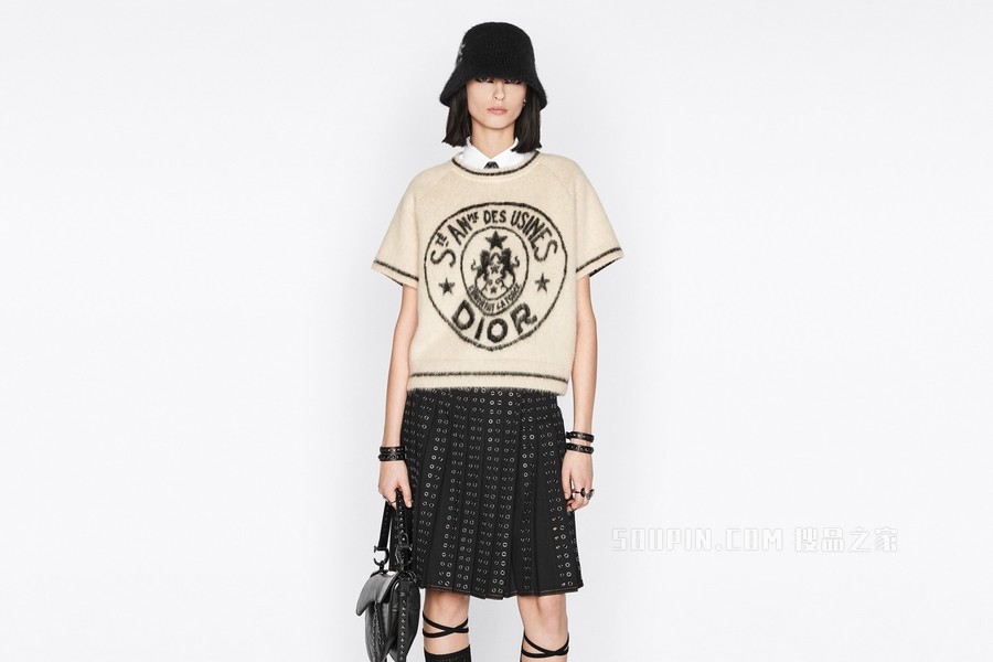 短袖针织衫 米白色马海毛混纺针织面料 Dior Union 图案