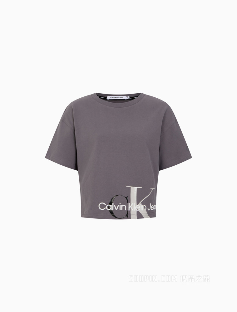 【预估到手价442】Calvin Klein 女士舒适纯棉交叠LOGO短款宽松短袖T恤J217955