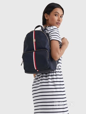 Tommy 22新款春夏女装时尚金属LOGO红白蓝织带双肩背包AW0AW11338