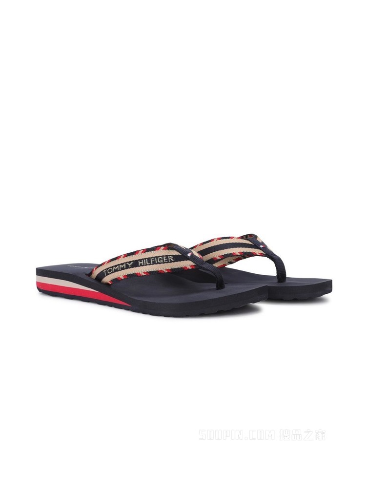 Tommy 22新款春夏女装时尚LOGO提花编织带夹脚人字拖凉拖06424