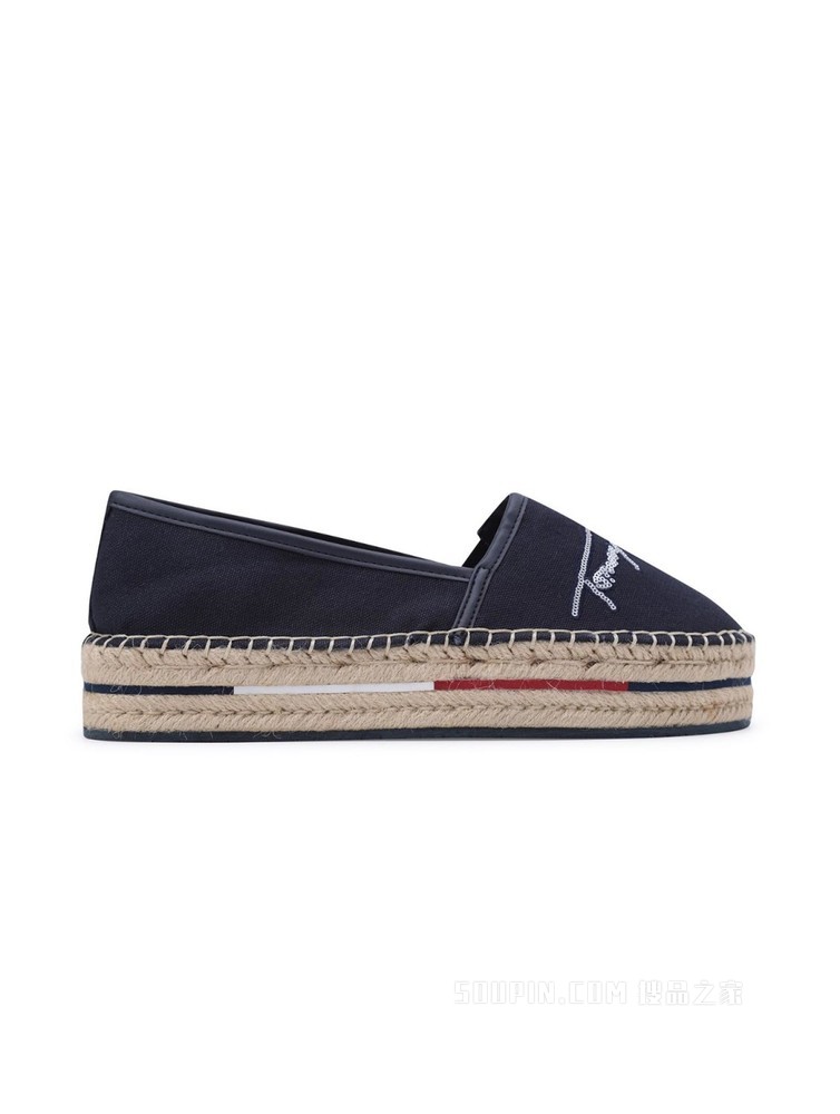 Tommy 22新款春季女装亮片LOGO厚底渔夫草编帆布鞋礼品FW0FW06130