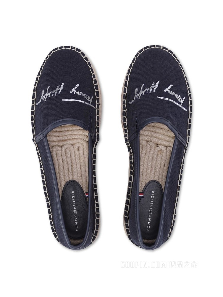 Tommy 22新款春季女装亮片LOGO厚底渔夫草编帆布鞋礼品FW0FW06130