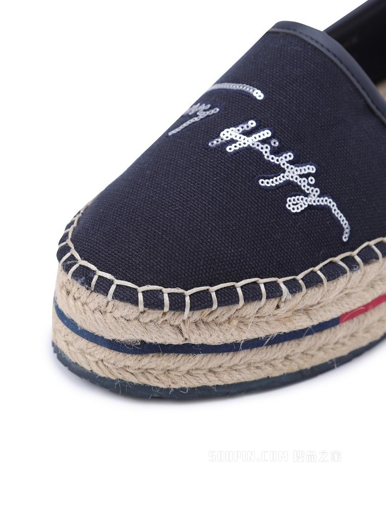 Tommy 22新款春季女装亮片LOGO厚底渔夫草编帆布鞋礼品FW0FW06130