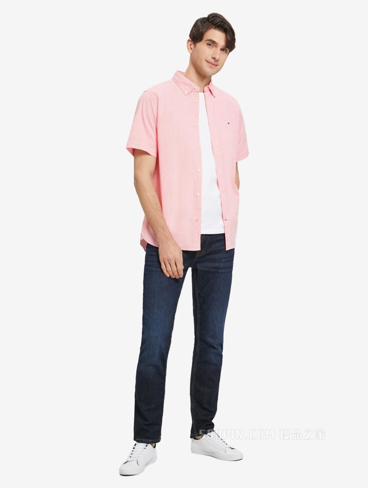 Tommy 22新款春夏男装休闲舒适尖角扣绣标条纹翻领短袖衬衫21479