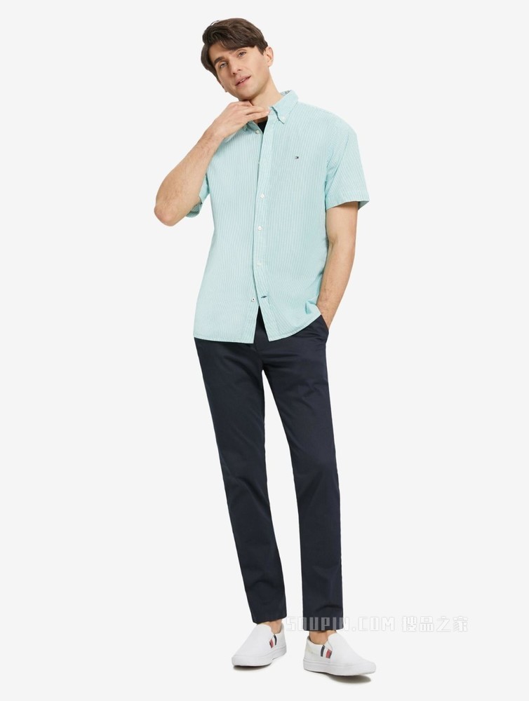 Tommy 22新款春夏男装休闲舒适尖角扣绣标条纹翻领短袖衬衫21479