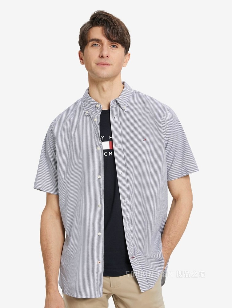 Tommy 22新款春夏男装休闲舒适尖角扣绣标条纹翻领短袖衬衫21479