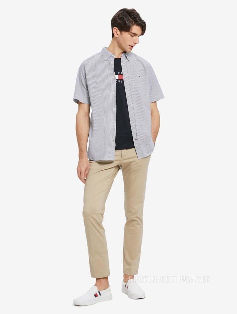Tommy 22新款春夏男装休闲舒适尖角扣绣标条纹翻领短袖衬衫21479