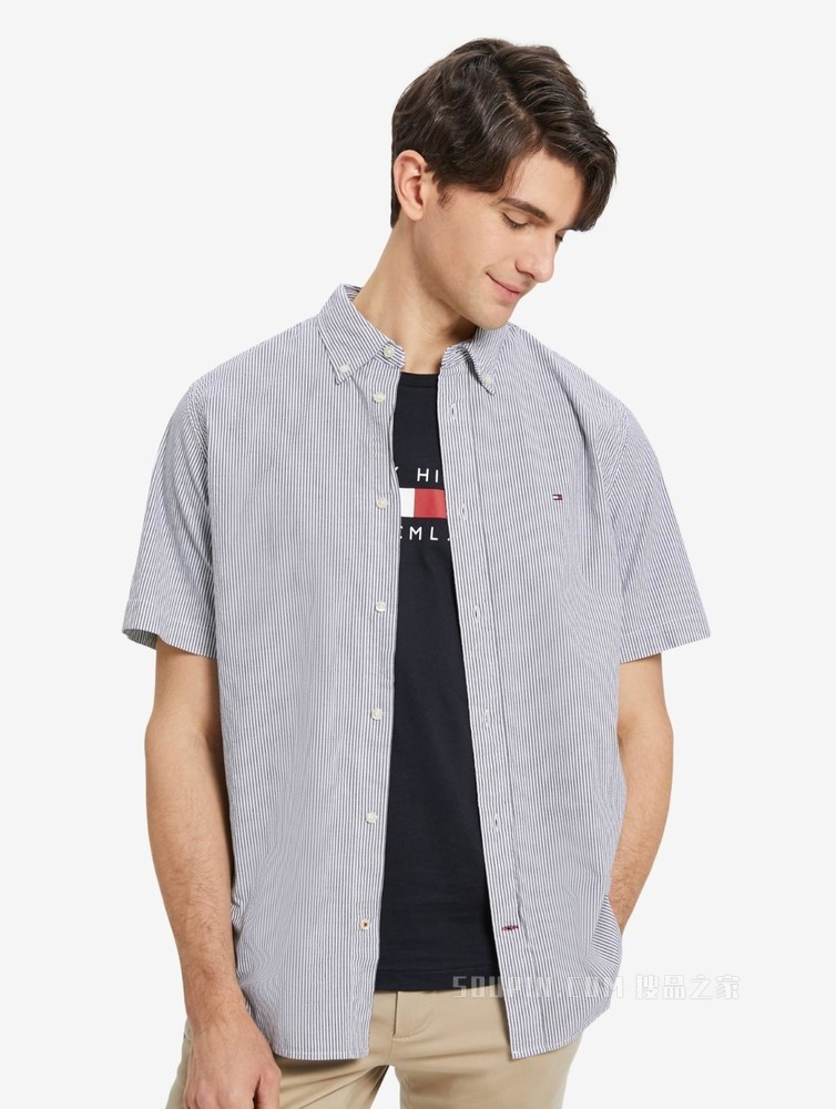 Tommy 22新款春夏男装休闲舒适尖角扣绣标条纹翻领短袖衬衫21479