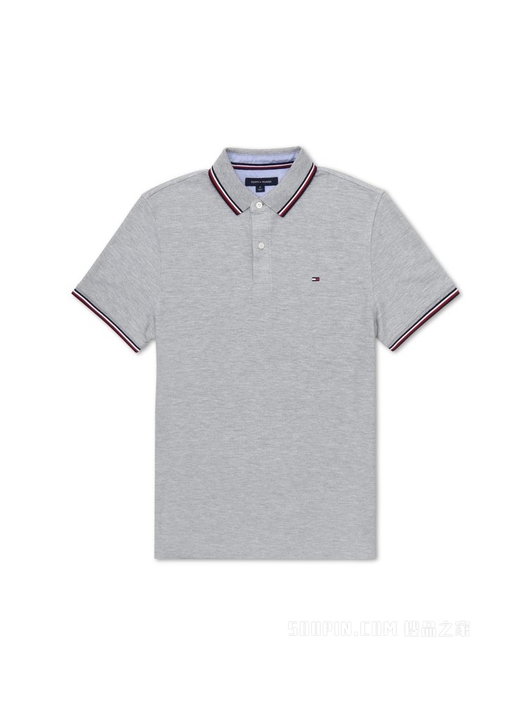 Tommy 春夏男装休闲条纹镶边珠地棉网眼透气翻领短袖POLO衫B2300