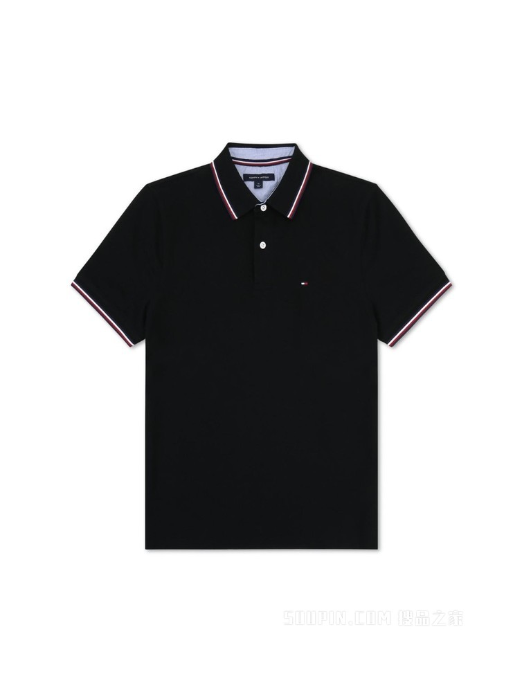 Tommy 春夏男装休闲条纹镶边珠地棉网眼透气翻领短袖POLO衫B2300