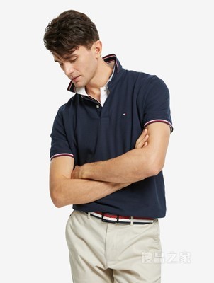 Tommy 春夏男装休闲条纹镶边珠地棉网眼透气翻领短袖POLO衫B2300