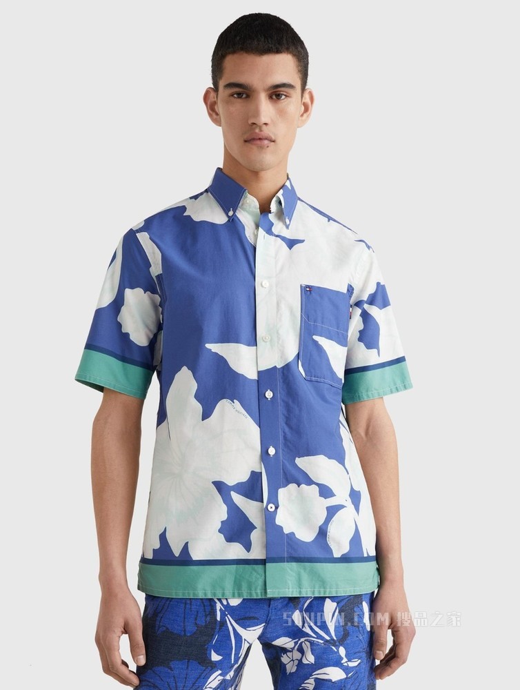 Tommy 22新款春夏男装度假纯棉府绸花卉宽松短袖衬衫MW0MW23176