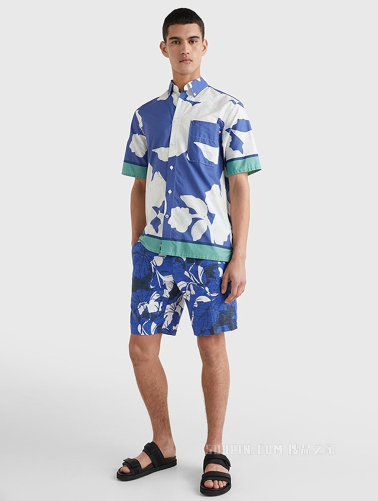 Tommy 22新款春夏男装度假纯棉府绸花卉宽松短袖衬衫MW0MW23176
