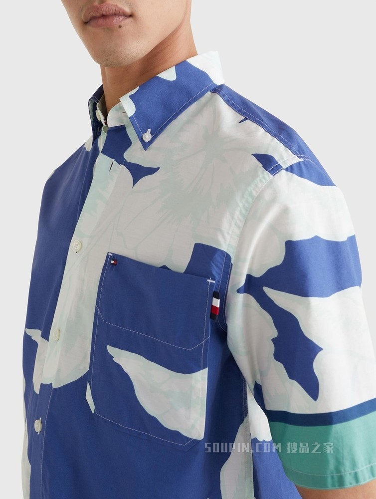 Tommy 22新款春夏男装度假纯棉府绸花卉宽松短袖衬衫MW0MW23176