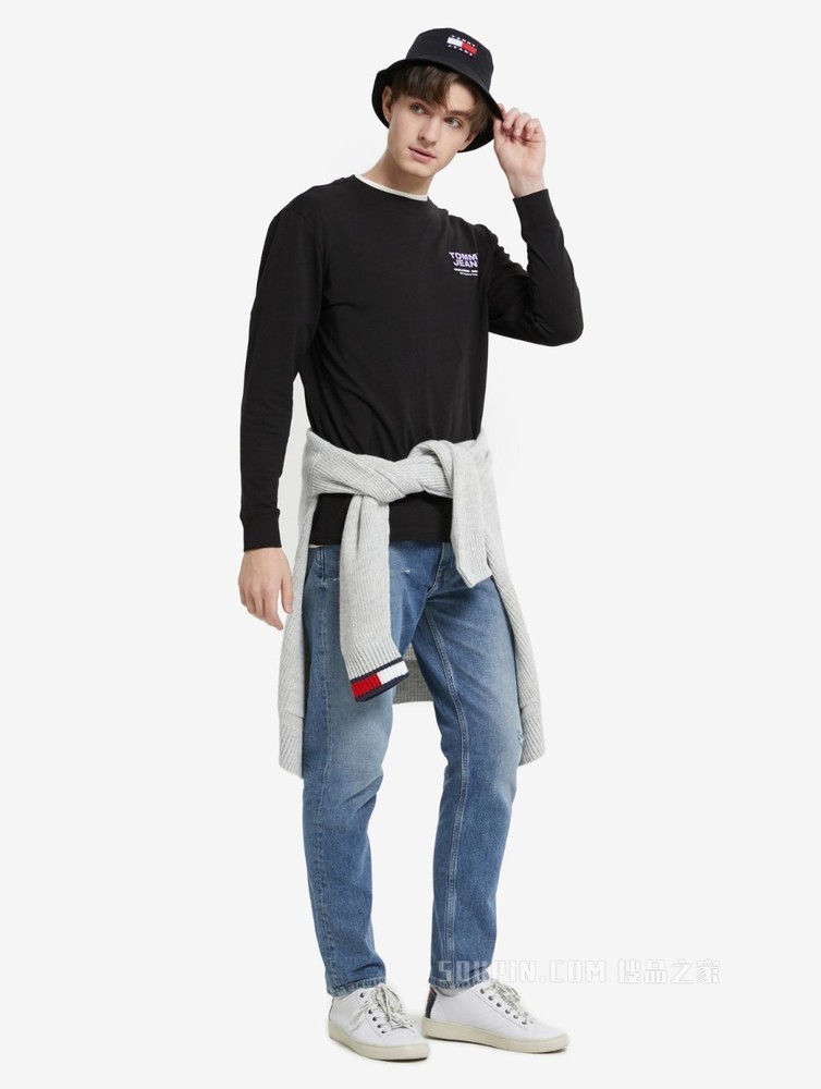 Tommy22新款春夏男女同款休闲纯棉字母印花圆领长袖T恤DM0DM12436