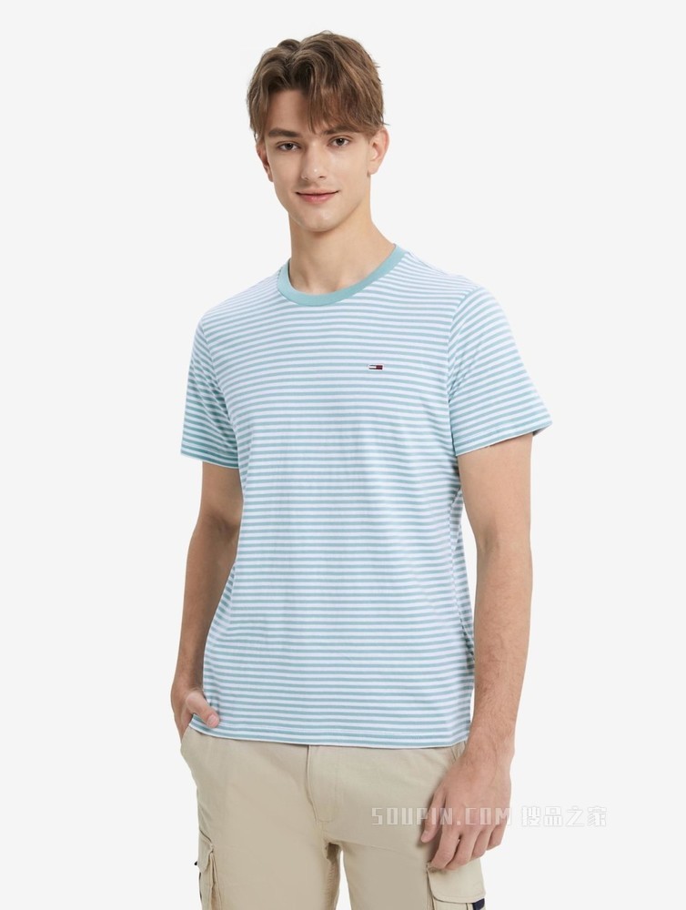 Tommy 男装春秋经典青春纯棉条纹圆领针织短袖T恤DM0DM05515